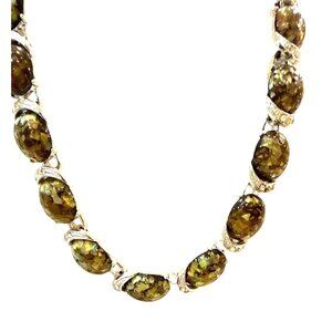 Vintage Coro Sterling Silver Necklace W Green Glass Cabochons & Sparkling Accent